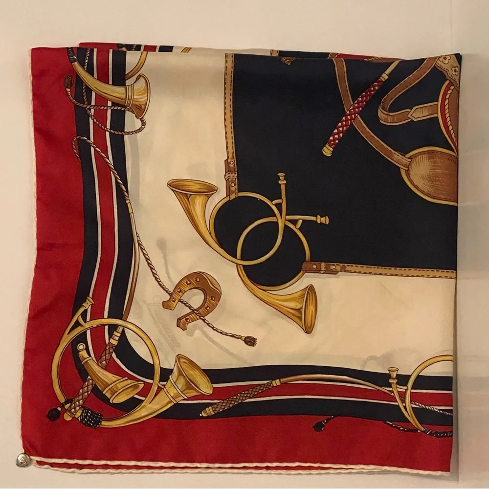 LUCIANO ITALY SCARF SILK SQUARE EQUESTRIAN HORSE RED CREAM BLACK GOLD VINTAGE